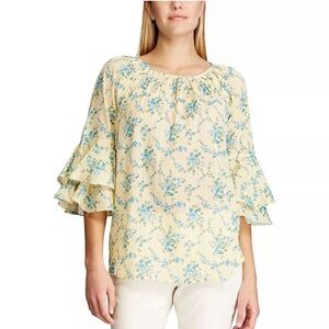 Chaps print ruffle sleeve peasant top blouse, cotton, floral, women's large